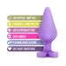 Purple silicone anal plug with heart-shaped base alongside safety and material feature icons and text.
