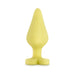 Soft yellow silicone anal plug with heart-shaped base and smooth satin finish for comfortable, secure use.