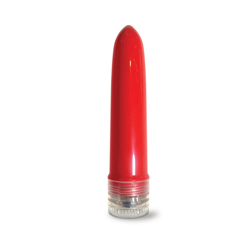 Red 4-inch multi-speed vibrator with clear base on white background.