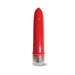 Red 4-inch multi-speed vibrator with clear base on white background.