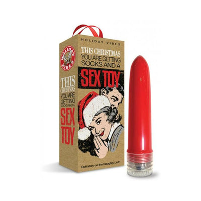 Red 4-inch multi-speed vibrator with festive gift box featuring retro holiday design and playful text.