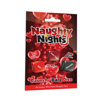 Naughty Nights Raunchy Dare Dice game packaging with red and black dice and heart-themed design for couples' playful fun.