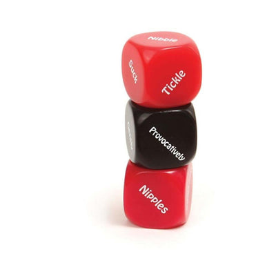 Stack of three red and black dice with playful action and intensity words for a couples' dare game.