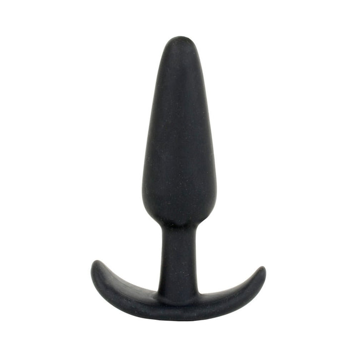Small black silicone butt plug with a curved T-shaped base for comfortable and secure wear.