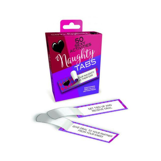 Box of Naughty Tabs game with 50 sexy activity prompts on peelable strips for couples' intimate play.