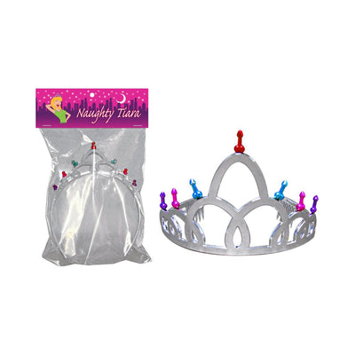 Silver tiara with colorful decorative points, shown packaged and unpackaged, labeled Naughty Tiara party accessory.