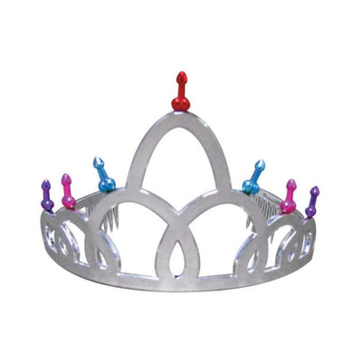 Silver tiara with colorful playful shapes on each peak, designed as a cheeky party accessory.