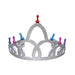 Silver tiara with colorful playful shapes on each peak, designed as a cheeky party accessory.