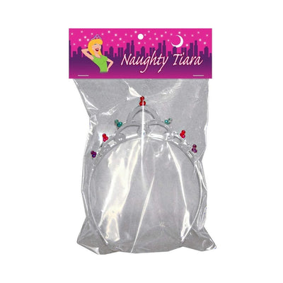 Silver plastic tiara with colorful beads in clear packaging labeled Naughty Tiara against a white background.
