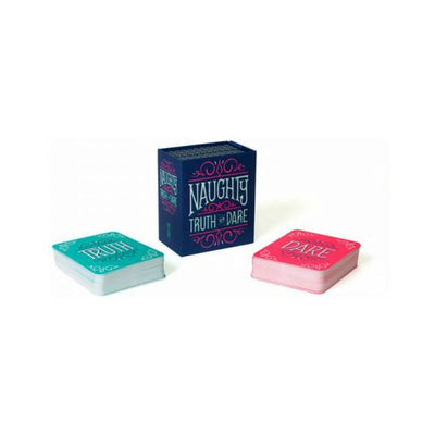 Naughty Truth or Dare card game set with teal Truth cards, pink Dare cards, and a navy blue box with decorative lettering.