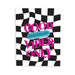 Greeting card with black and white checkered background, bold pink text "Good Vibes Only," and a small blue bullet vibrator graphic.