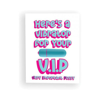 Naughty Vibes VIP greeting card with playful text and a small blue bullet vibrator illustration on a white background.