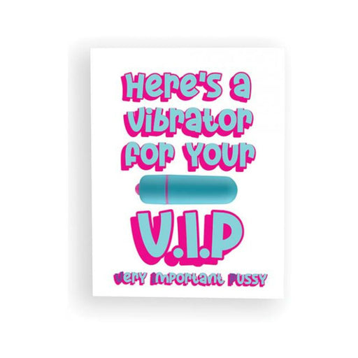 Naughty Vibes VIP greeting card with playful text and a small blue bullet vibrator illustration on a white background.