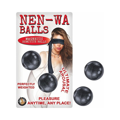 Packaging of Nen-Wa magnetic hematite balls featuring a blindfolded woman and two glossy black spheres.