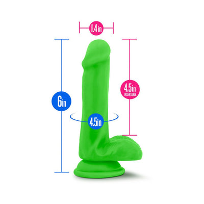 Green 6-inch dual density dildo with suction base and balls, showing measurements for length and girth.