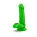 Green 6-inch dual density dildo with suction cup base and attached balls standing upright on white background.