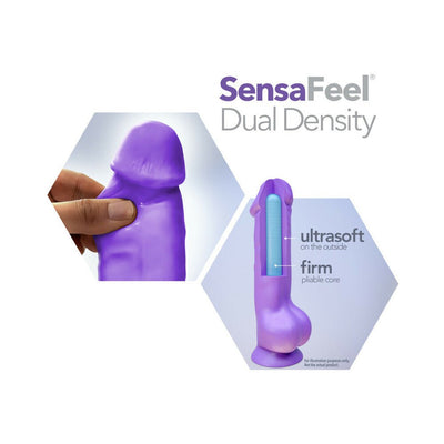 Purple dual density dildo with soft outer layer and firm inner core, shown being squeezed and cross-section illustration.