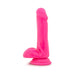 Bright pink 6-inch dual density dildo with realistic texture and suction cup base for hands-free use.