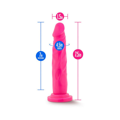 Pink 7.5 inch dual density dildo with suction base showing 7 inch insertable length and 1.5 inch width measurements.