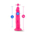 Pink 7.5 inch dual density dildo with suction base showing 7 inch insertable length and 1.5 inch width measurements.