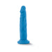 Blue 7.5 inch dual density dildo with suction cup base standing upright on white background