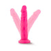Pink 7.5 inch dual density dildo with suction cup base shown in multiple flexible positions on white background.