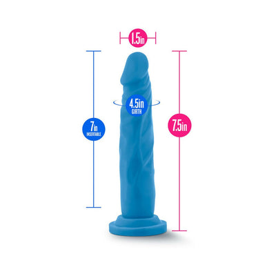 Blue 7.5 inch dual density dildo with suction cup base and detailed measurements shown.