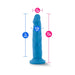 Blue 7.5 inch dual density dildo with suction cup base and detailed measurements shown.
