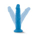 Blue 7.5 inch flexible dual density dildo with suction cup base shown in multiple angled positions