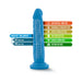 Blue 7.5 inch dual density dildo with soft outer layer, firm core, suction cup base, and harness compatibility features.