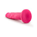 Pink 7.5 inch dual density dildo with textured shaft and suction cup base on white background.