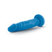 Blue 7.5 inch dual density dildo with realistic texture and suction cup base on white background.