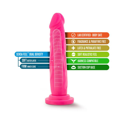 Pink 7.5 inch dual density dildo with soft outer layer, firm core, suction cup base, and body-safe, fragrance-free materials.