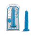 Blue 7.5 inch dual density dildo with suction cup base displayed next to its clear packaging.