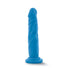 Blue 7.5 inch dual density dildo with suction cup base, realistic texture and flexible design.