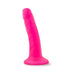 Bright pink 5.5 inch realistic dildo with suction cup base standing upright on white background.