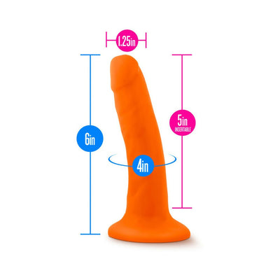 Orange realistic dildo with suction base showing dimensions of 6 inch length, 5 inch insertable, 1.25 inch width, and 4 inch circumference.