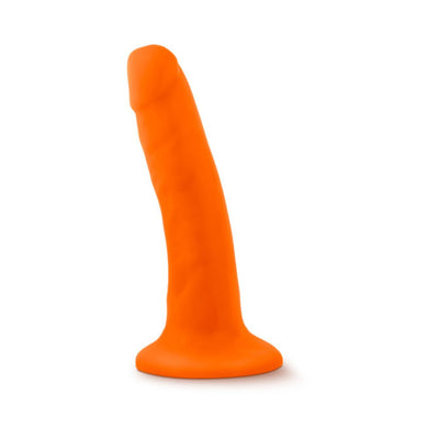 Bright orange 5.5 inch realistic dildo with suction cup base, dual density for lifelike feel and flexible use.
