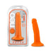 Orange 5.5 inch Neo dual density realistic dildo with suction cup base shown in and out of packaging