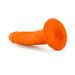 Orange 5.5 inch dual density realistic dildo with suction cup base on white background.