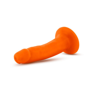 Orange 5.5 inch realistic dildo with dual density texture and suction cup base on white background.