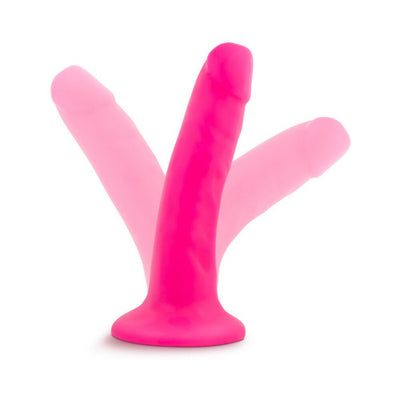 Bright pink 5.5 inch realistic dildo with suction base shown in multiple angled positions on white background.