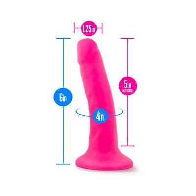 Pink realistic dildo with suction base showing measurements of 6 inch length, 5 inch insertable, 1.25 inch width, and 4 inch circumference.