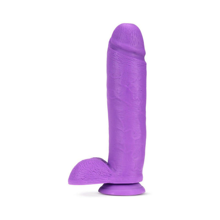 Purple 11-inch dual density dildo with suction cup base and realistic texture on a white background.