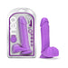 Neo 8-inch neon purple dual density dildo with suction cup base shown inside and outside clear packaging.