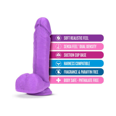 Neo Dual Density Dildo in neon purple with suction cup base and highlighted features text on a white background.