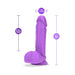 Neo 8-inch neon purple dual density dildo with suction cup base and detailed texture, showing size dimensions.