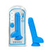 Neo 9-inch dual density dildo in neon blue with suction cup base shown in packaging and standalone.