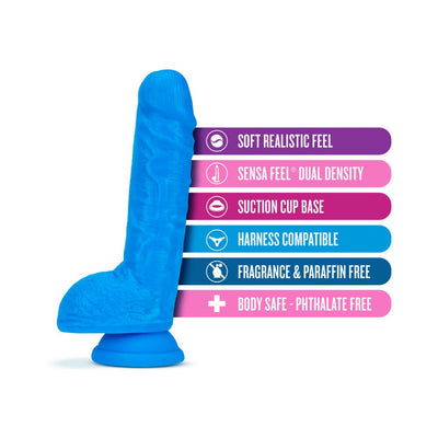 Neon blue 9-inch dual density dildo with suction cup base and features listed including soft realistic feel and harness compatibility.