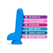 Neon blue 9-inch dual density dildo with suction cup base and features listed including soft realistic feel and harness compatibility.